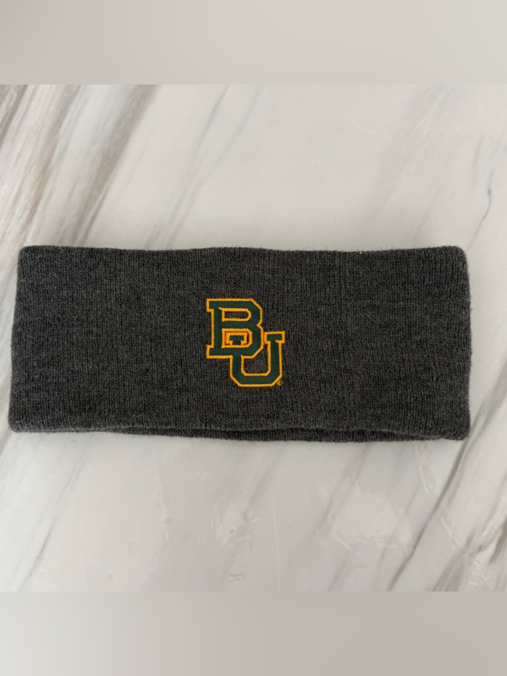 Embroidered Knit Headband - Dark Gray with Gold Logo